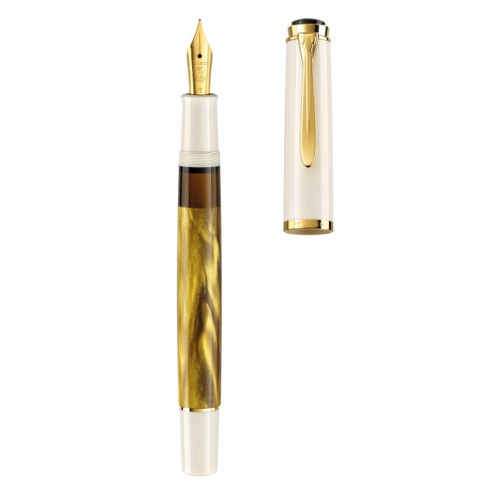 Pelikan-Classic-M200-Gold-Marbled-fountain-pen-uncapped-nibsmith