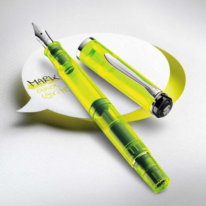 Pelikan-Fountain-pen-Classic-M205-Duo-Highlighter-NEON-Yellow-uncapped-nibsmith-1