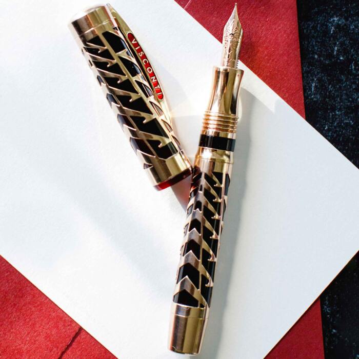 visconti-watermark-gilded-rose-fountain-pen-uncapped-nibsmith