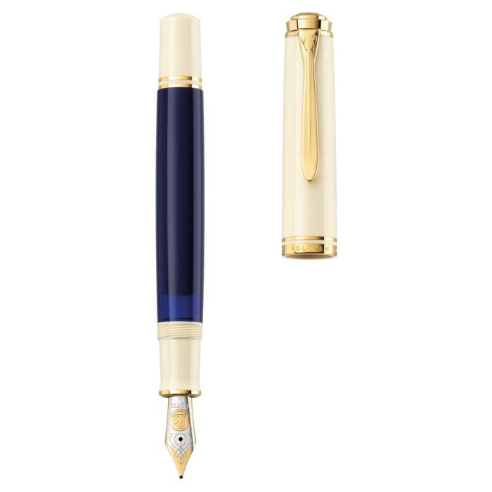 Pelikan-M800-fountai-pen-Cream-Blue-uncapped-nibsmith-1