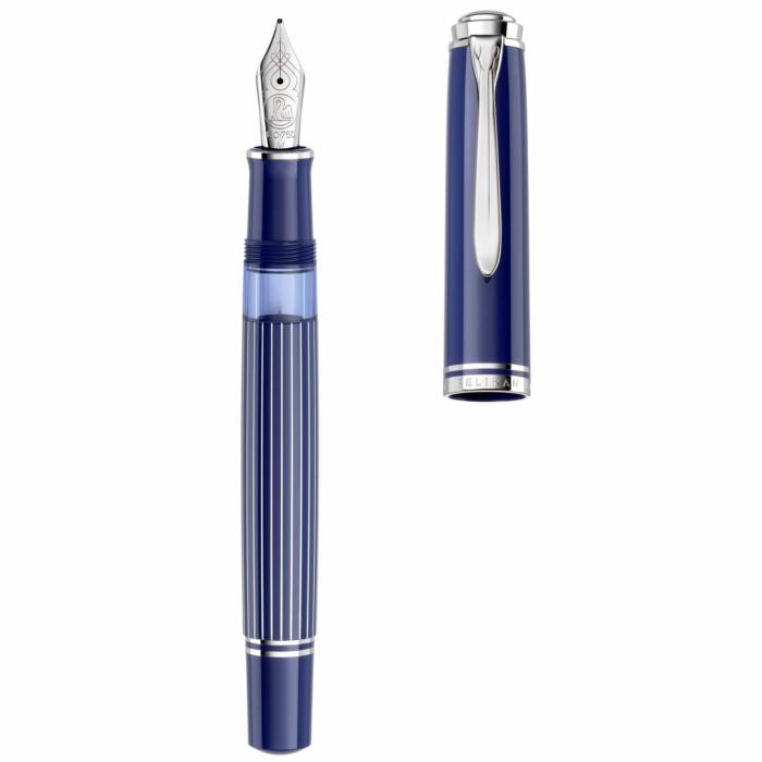 Pelikan-M815-Metal-Stripe-Blue-fountain-pen-uncapped-nibsmith