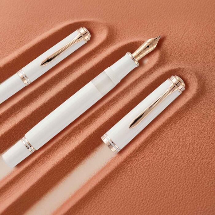 Pelikan-M600-white-and-rose-gold-fountain-pen-uncapped-nibsmith