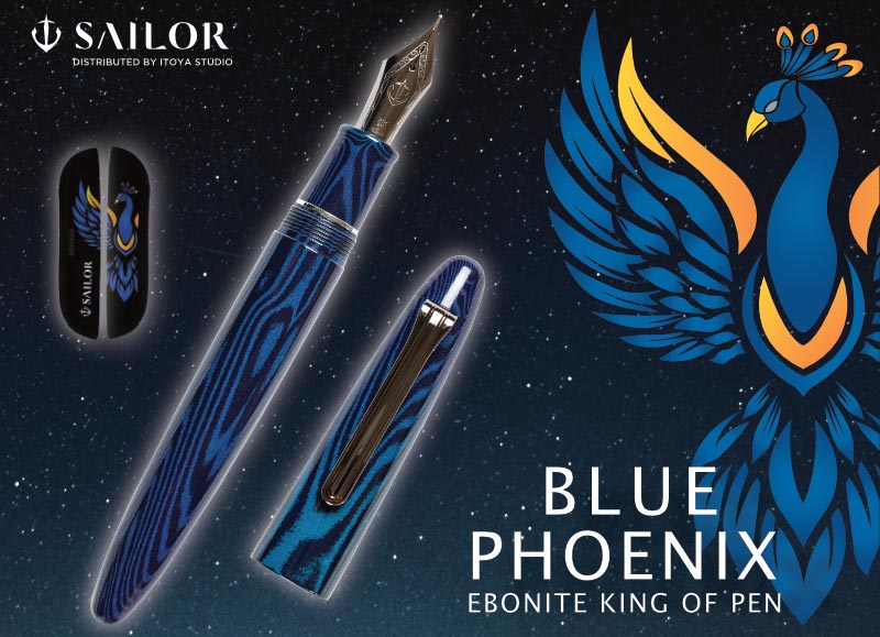 Sailor Ebonite King of Pen Fountain Pen – Blue Phoenix – Black Trim